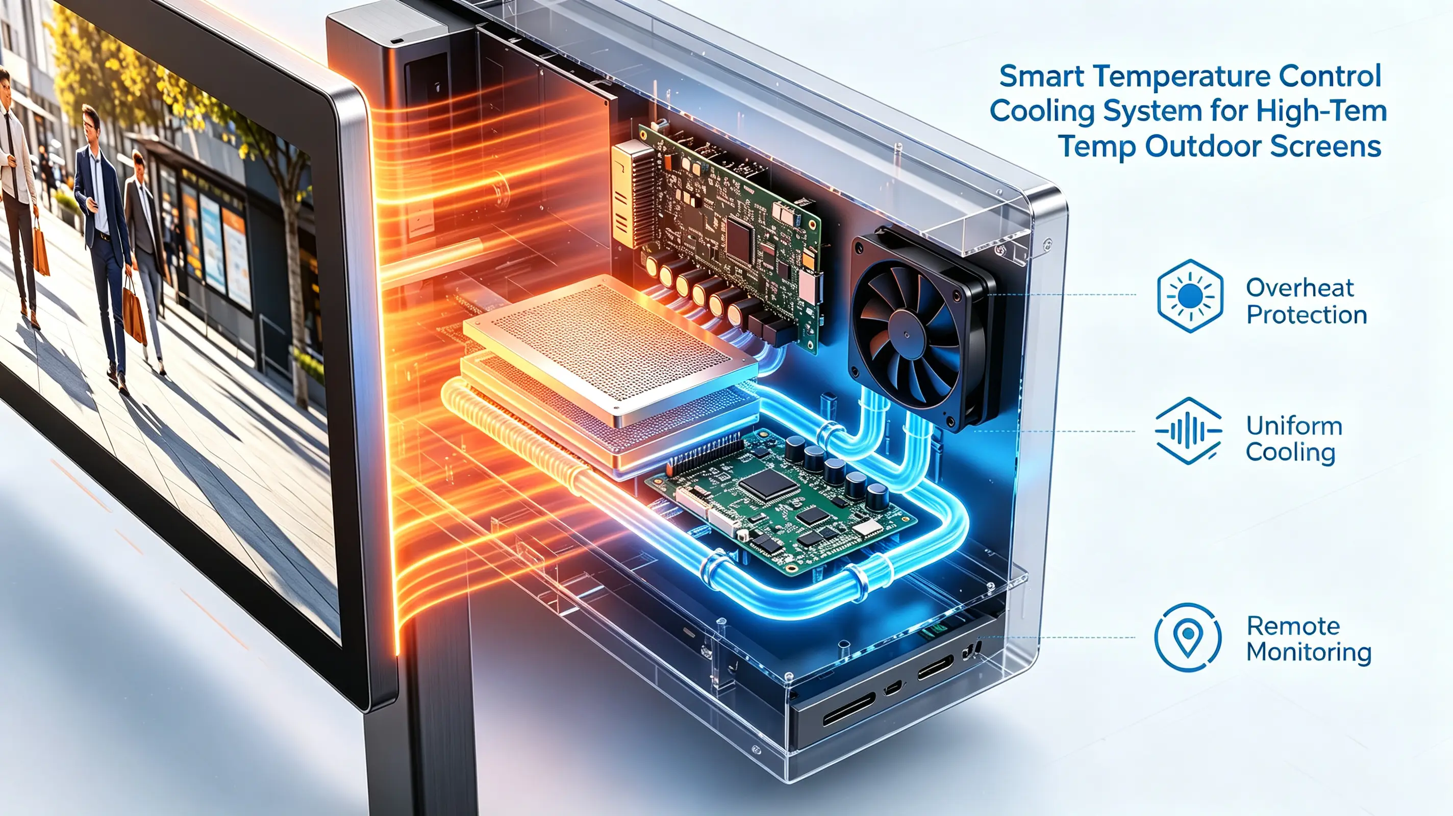 Intelligent temperature control cooling system for high temperature outdoor screen